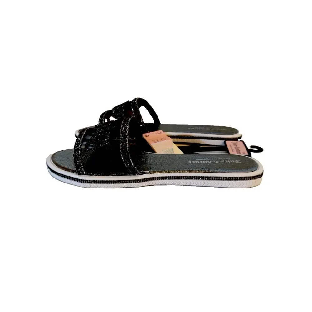 Juicy Couture Women's Black Glitter Logo Slip On Slide Sandals Size 10
